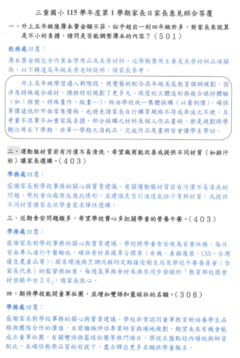 115學年度第一學期親師懇談家長意見回饋綜合答覆