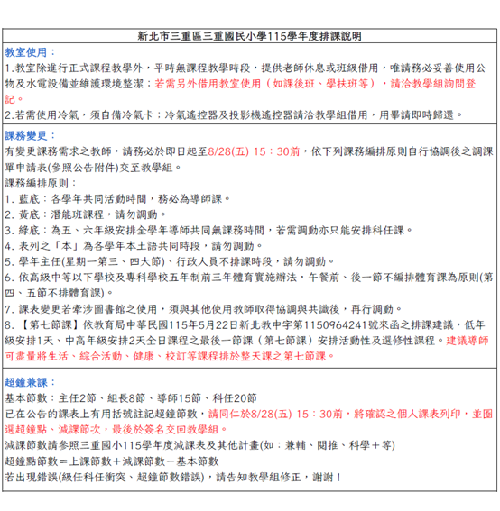 新北市三重區三重國民小學115學年度排課說明